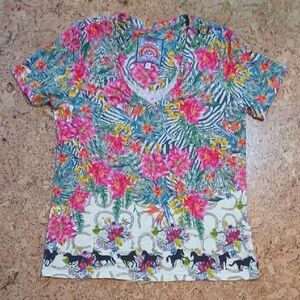Johnny Was Floral V Neck Short Sleeve Shirt With Horses! Size M